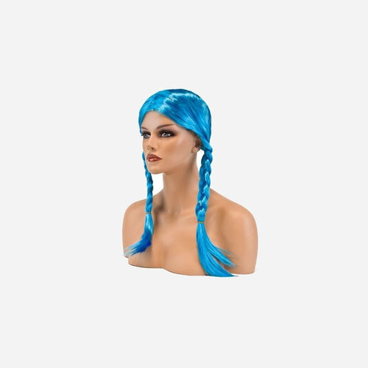 Perruque cheveux longs avec couettes fluo bleu