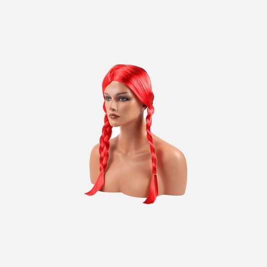 Perruque cheveux longs avec couettes fluo rouge