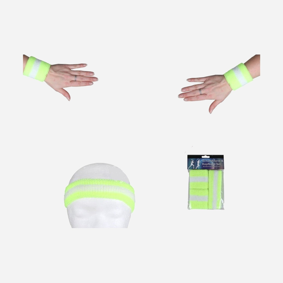 Set bandeau et bracelets éponge néon jaune & blanc 3 pièces