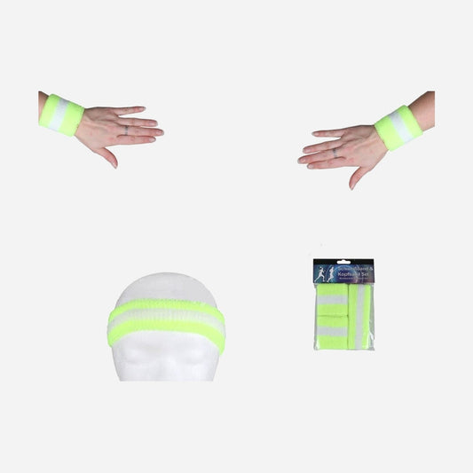 Set bandeau et bracelets éponge néon jaune & blanc 3 pièces