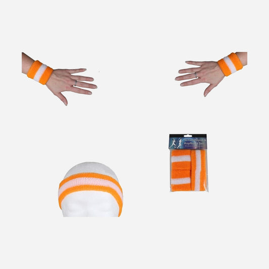 Set bandeau et bracelets éponge néon orange & blanc 3 pièces