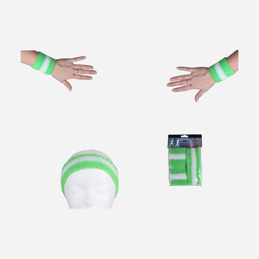 Set bandeau et bracelets éponge vert & blanc 3 pièces