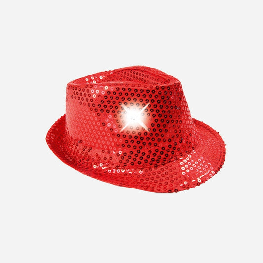 Chapeau trilby à sequins lumineux Led's rouge 12 cm