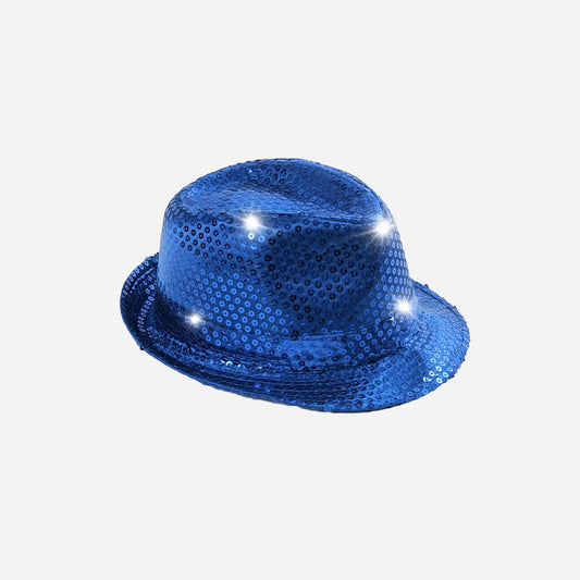 Chapeau trilby à sequins lumineux Led's bleu 12 cm