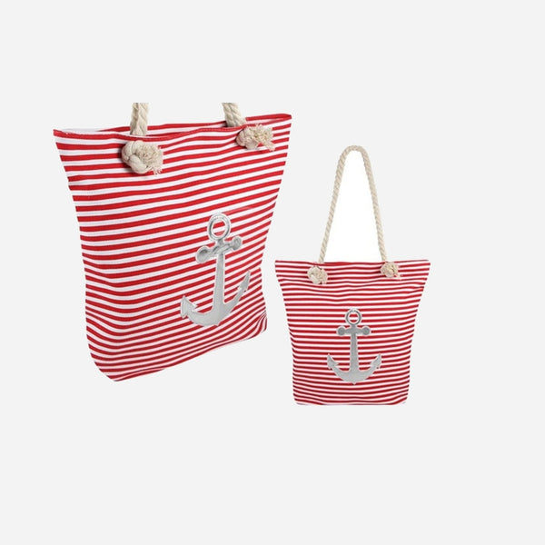 Sac de plage marin rayé rouge/blanc & ancre argent 40 × 39 cm