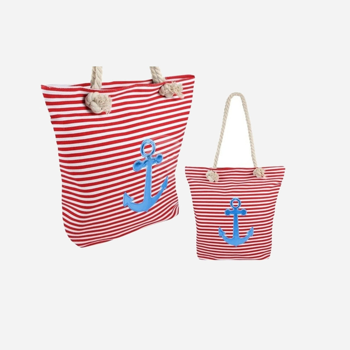 Sac de plage marin rayé rouge/blanc & ancre bleu 40 × 39 cm