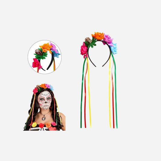 Serre-tête dia de los muertos roses colorées crâne et rubans