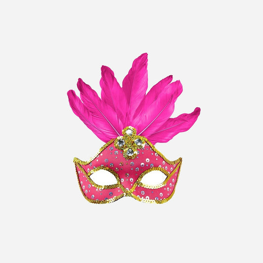 Masque loup neon fluo rose avec plumes luxe adulte