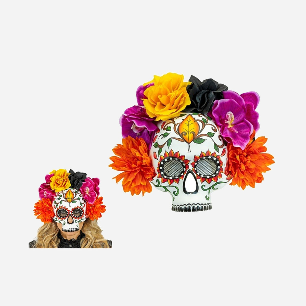 Masque coque dia de los muertos crâne avec fleurs adulte