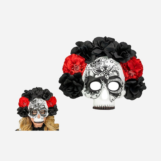 Masque coque dia de los muertos crâne avec roses noires adulte