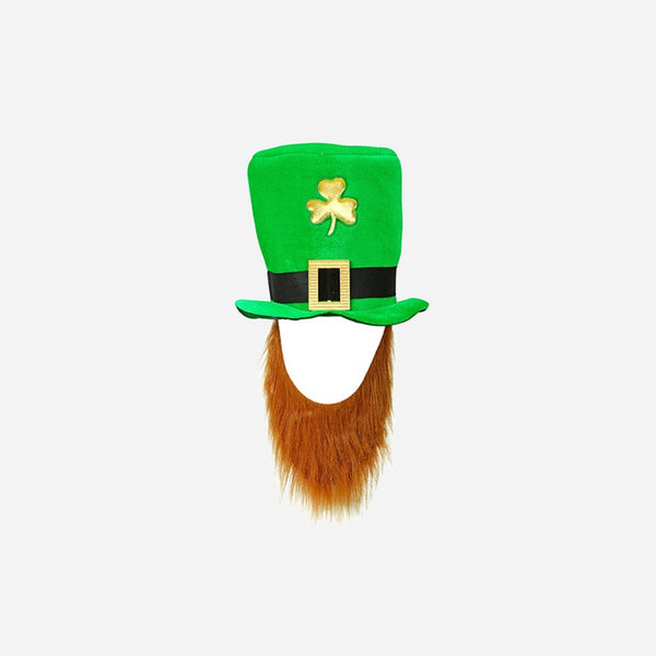 Chapeau Saint Patrick vert avec barbe et motif trèfle