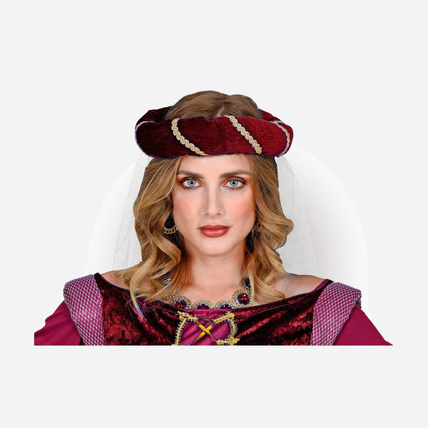 Coiffe médiévale bordeaux avec voile femme