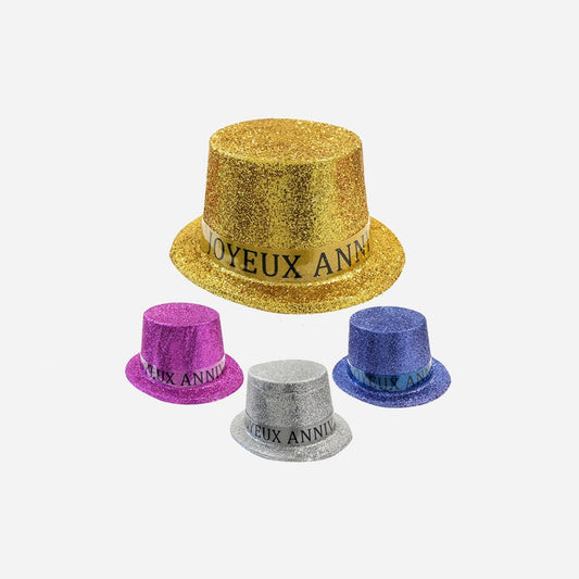 Chapeau haut de forme Joyeux Anniversaire à paillettes assorti 12 cm