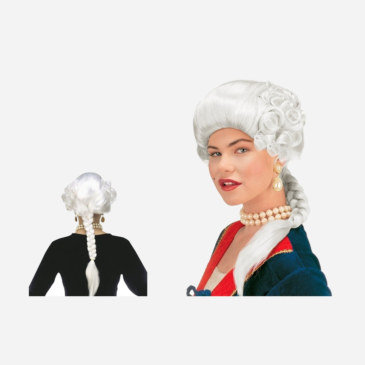Perruque rococo avec queue de cheval blanc femme