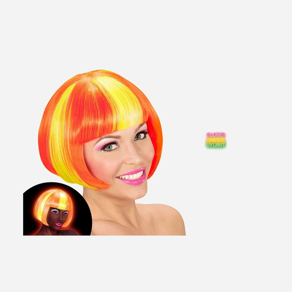 Perruque cabaret Valentina neon orange avec mèches jaunes adulte