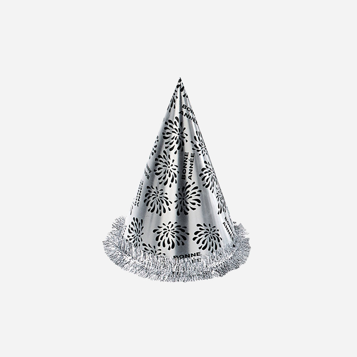 Chapeau cône métallisé argent Bonne Année avec guirlande 27 cm